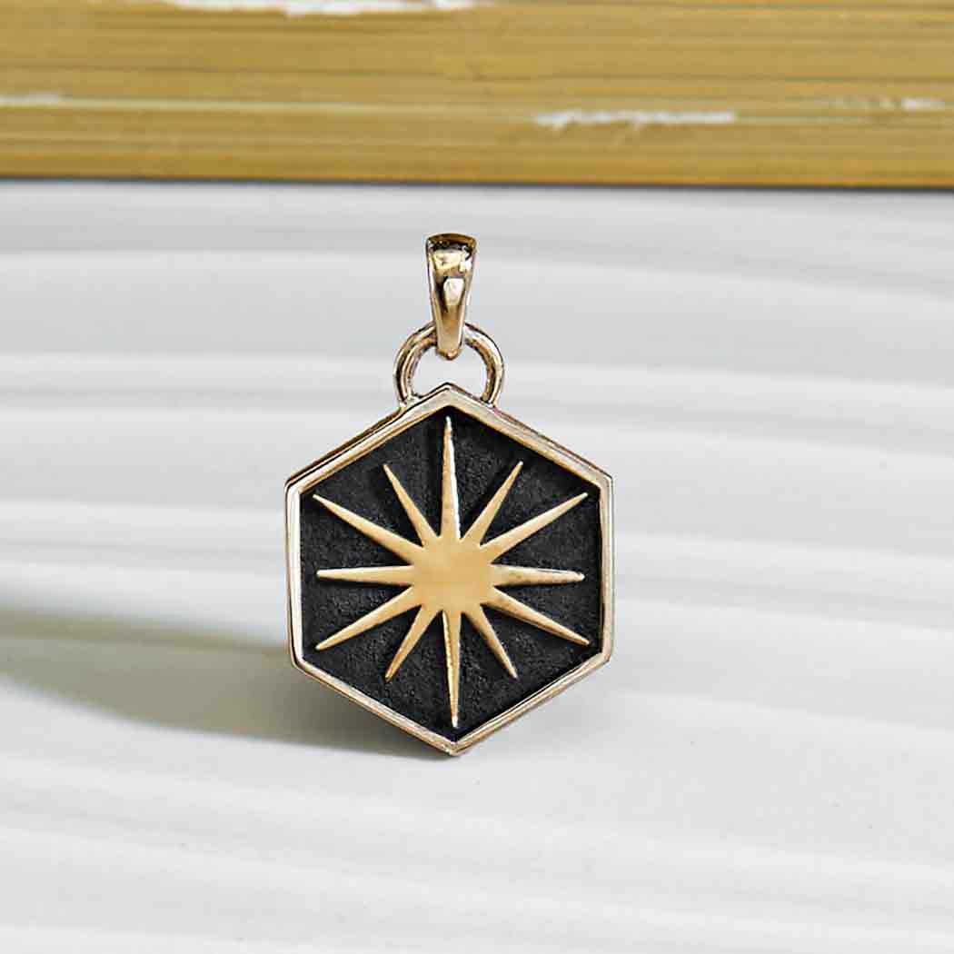 Bronze Sun in Hexagon Shadow Box Pendant - Tia Tynette Designs