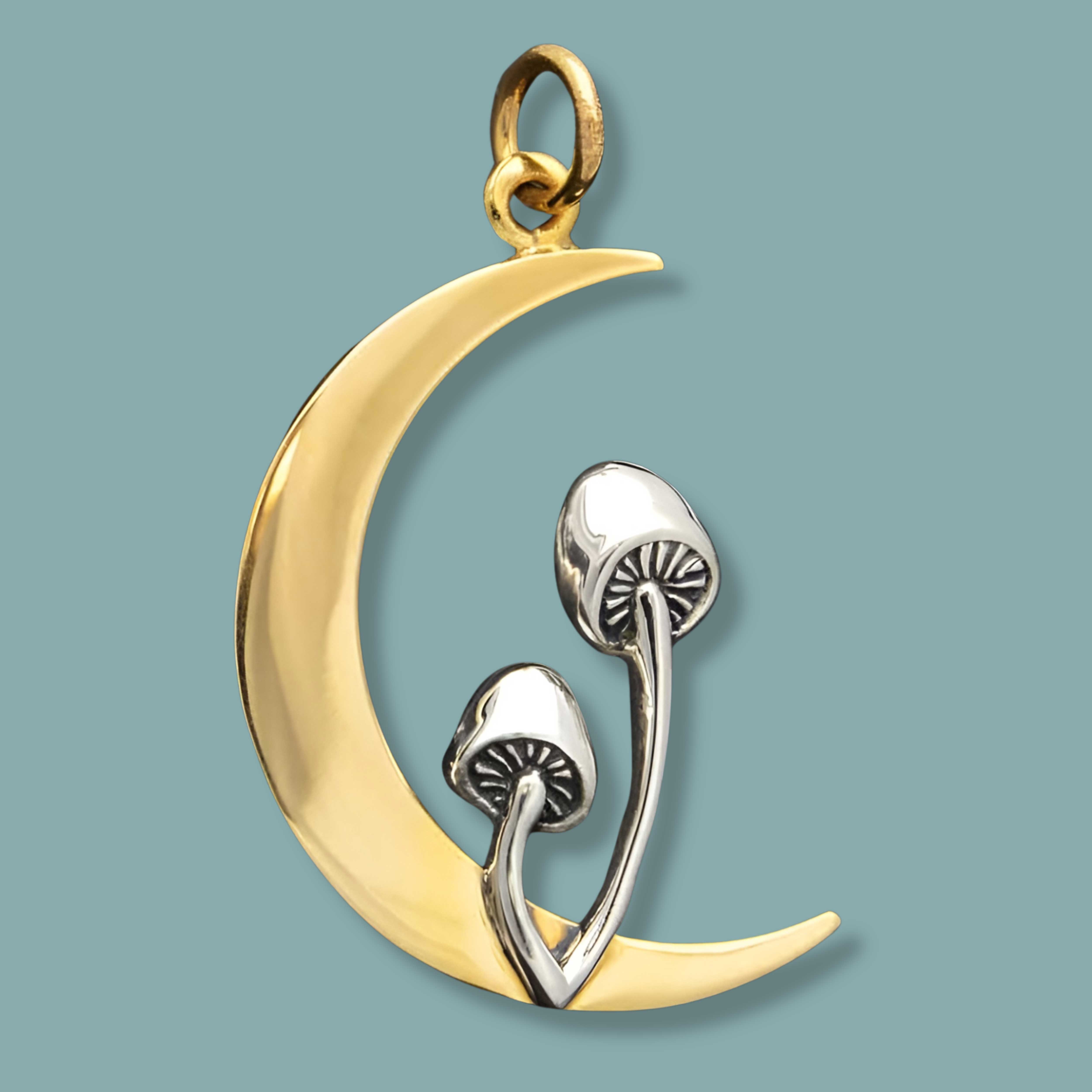 Bronze Moon Charm with Sterling Silver Mushrooms - Tia Tynette Designs