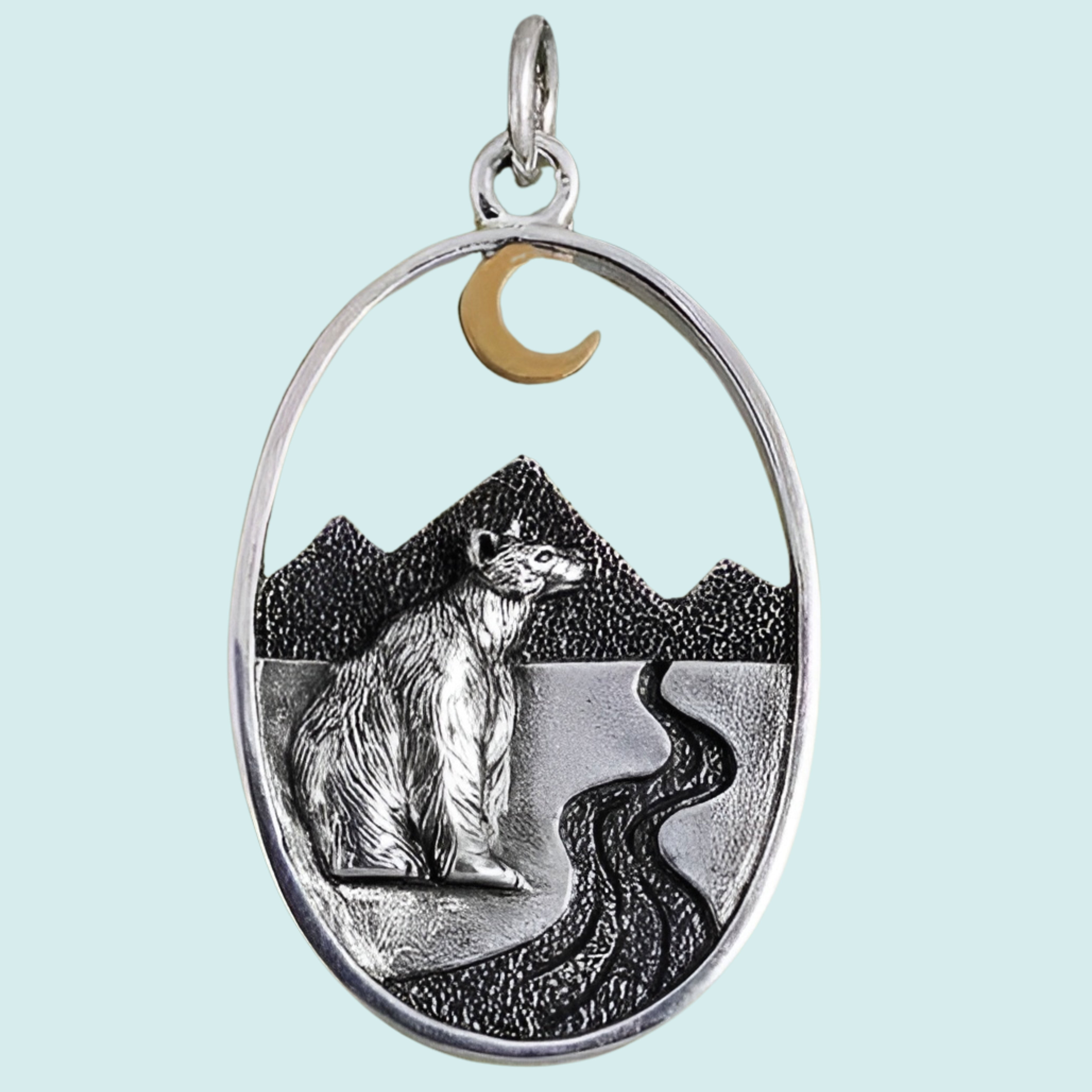 Silver Bear with Mountains and Bronze Moon Charm - Poppies Jewelry
