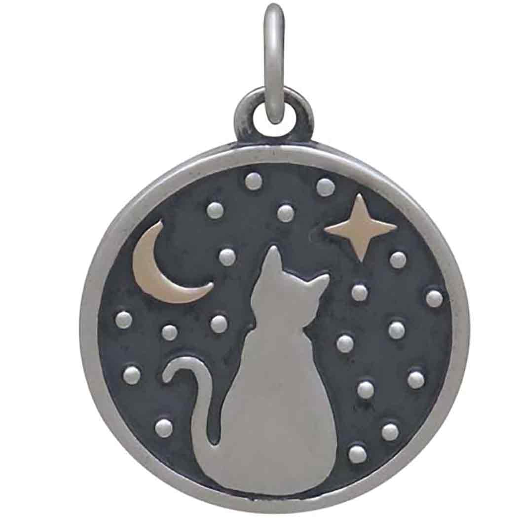 Silver Gazing Kitty Charm with Bronze Star and Moon - Poppies Jewelry