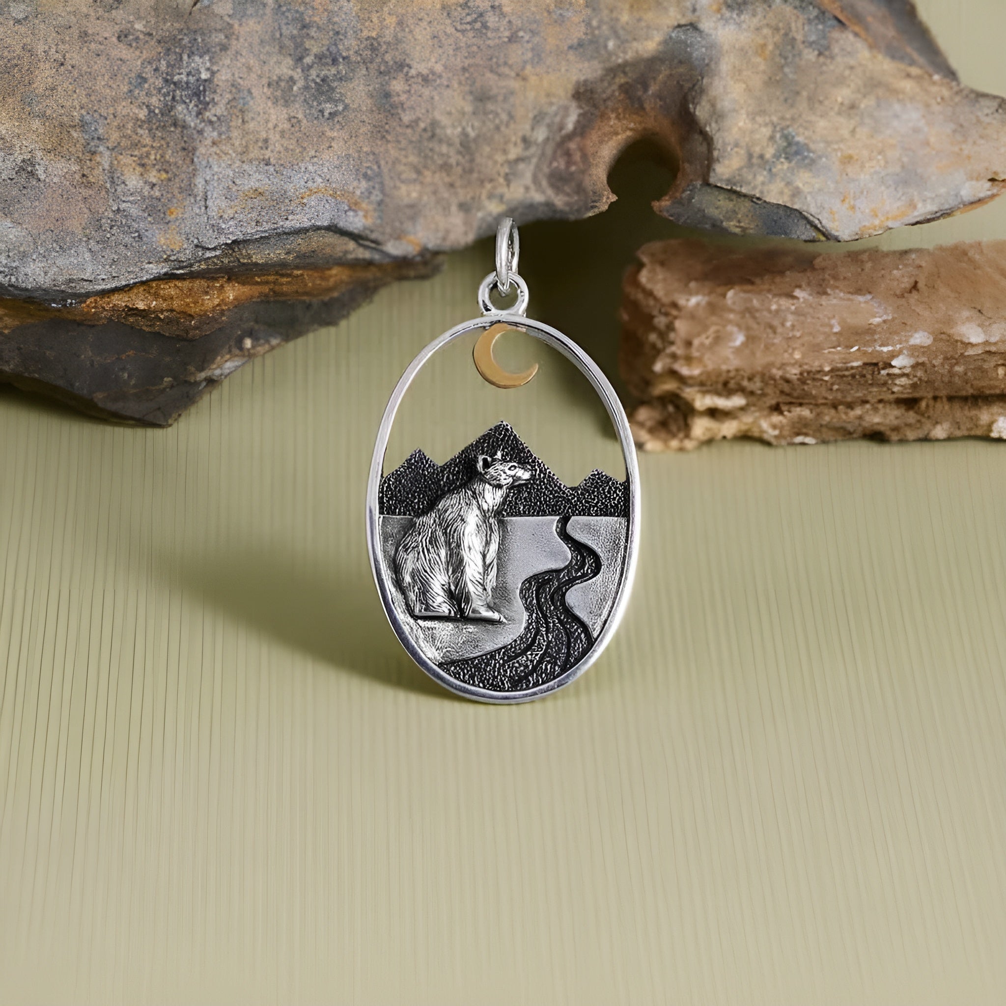 Silver Bear with Mountains and Bronze Moon Charm - Poppies Jewelry