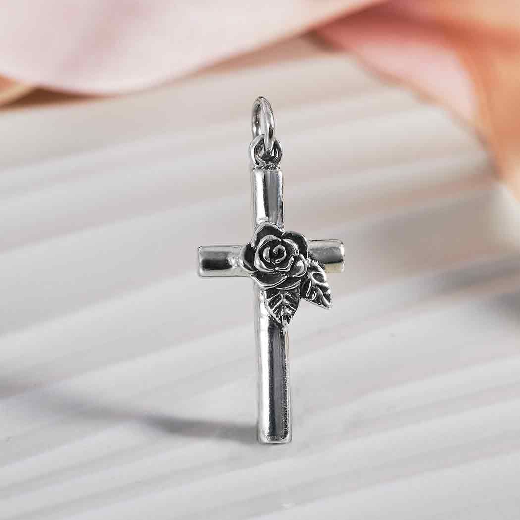 Sterling Silver Cross with Rose Charm - Tia Tynette Designs