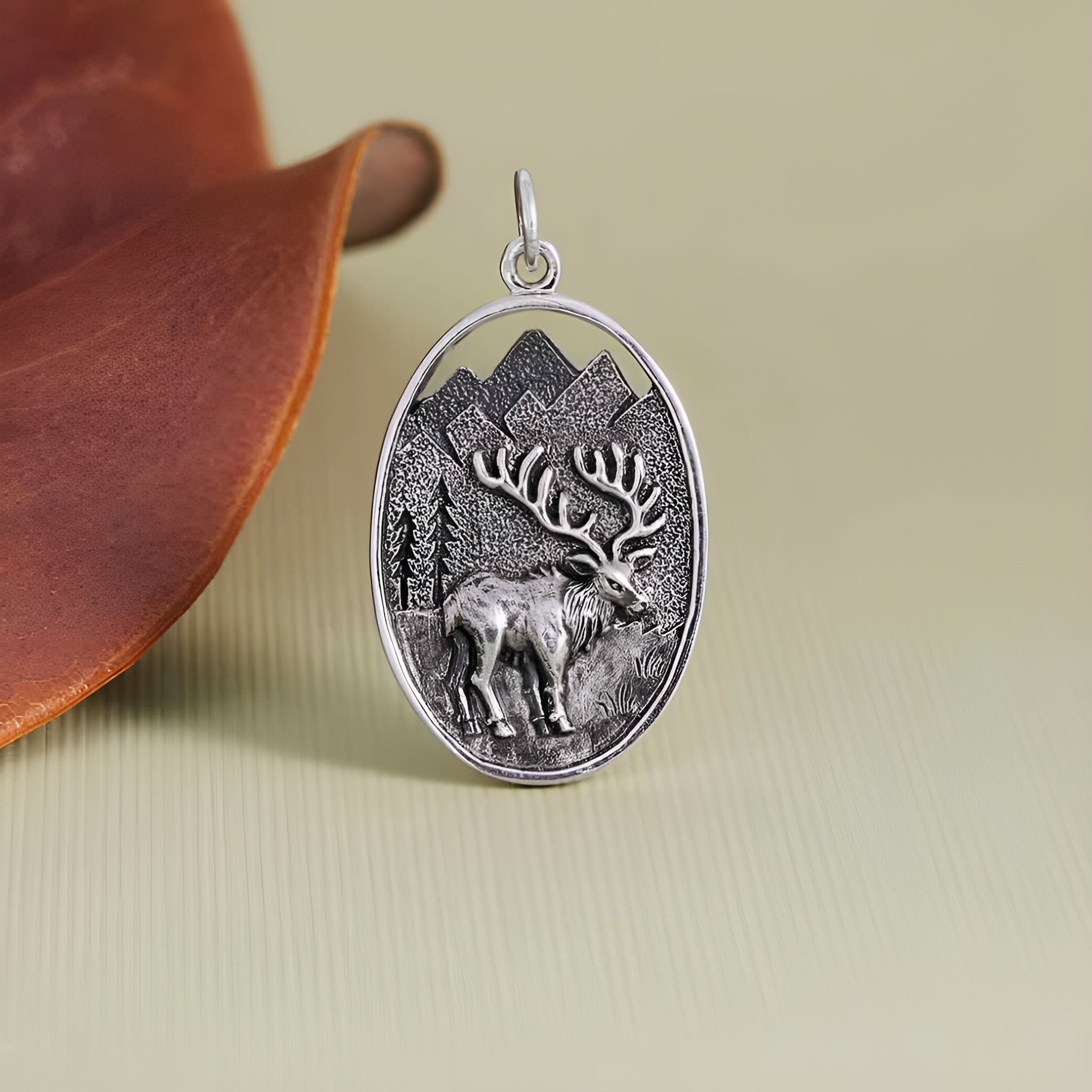 Sterling Silver Elk in Meadow Pendant - Poppies Jewelry