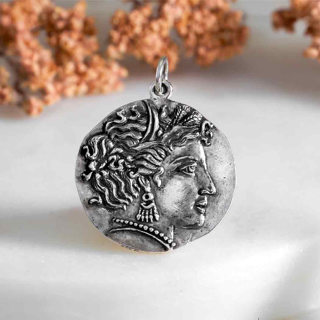 Sterling Silver Goddess Demeter Coin Pendant - Poppies Jewelry