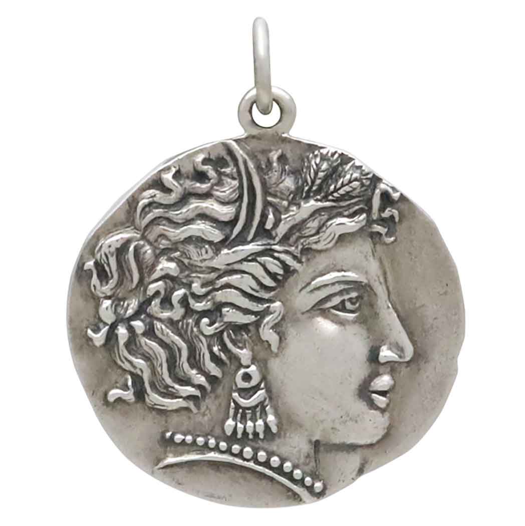 Sterling Silver Goddess Demeter Coin Pendant - Poppies Jewelry