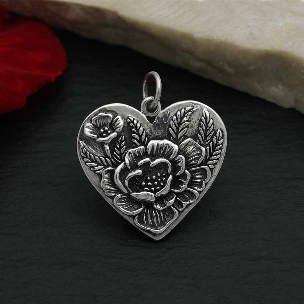 Sterling Silver Heart Pendant with Peony Flowers - Poppies Jewelry
