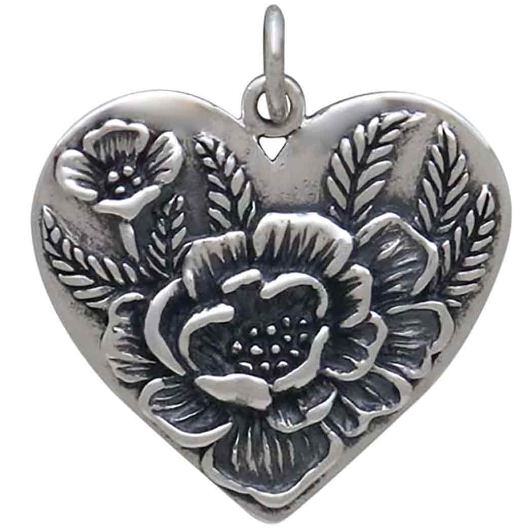 Sterling Silver Heart Pendant with Peony Flowers - Poppies Jewelry
