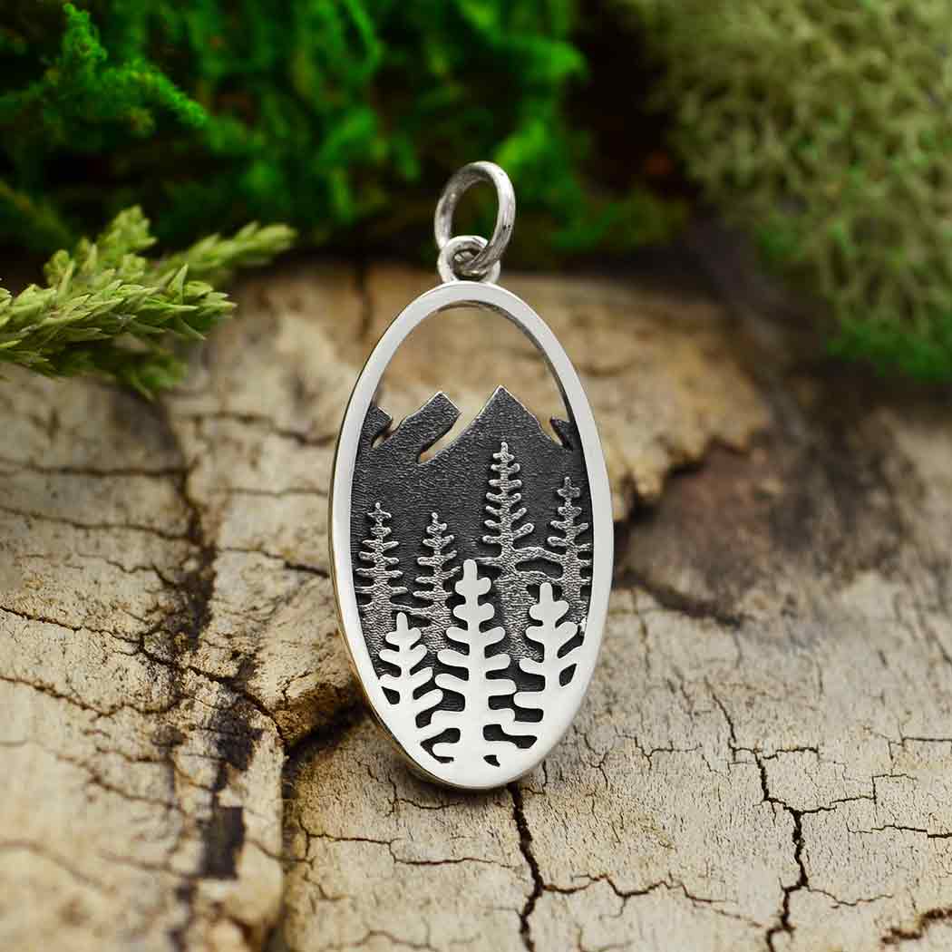 Sterling Silver Layered Tree and Mountain Oval Charm - Poppies Jewelry