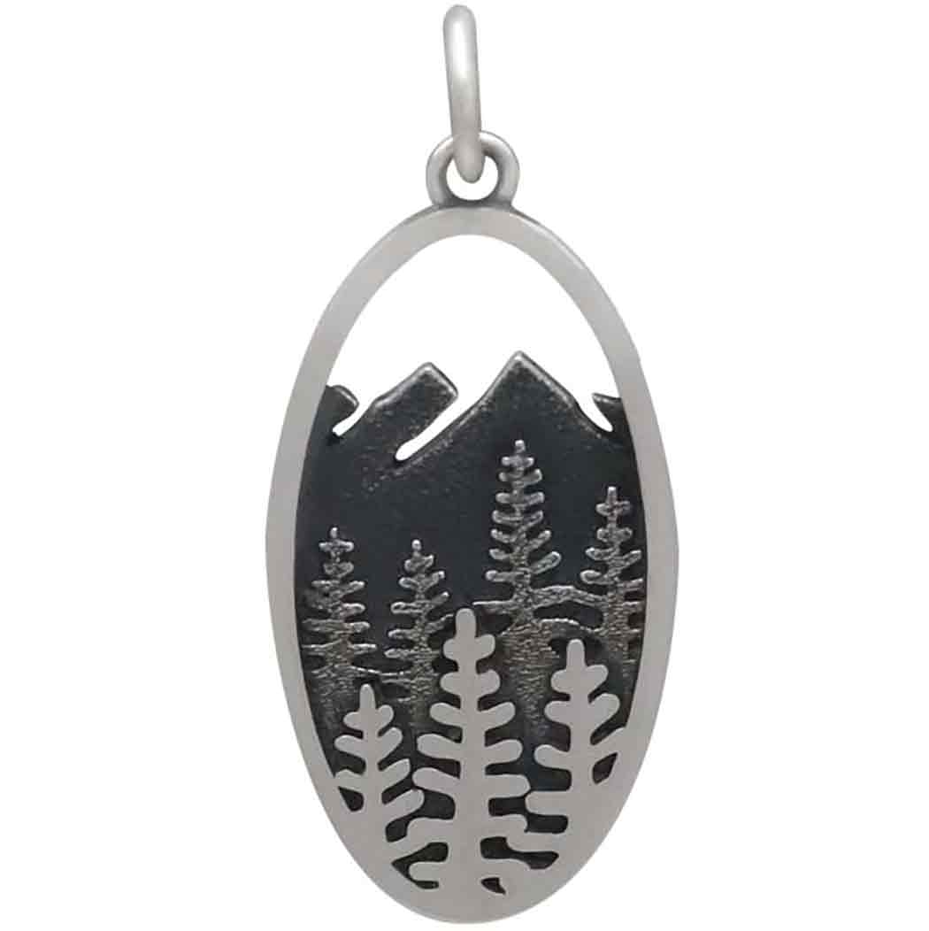 Sterling Silver Layered Tree and Mountain Oval Charm - Poppies Jewelry