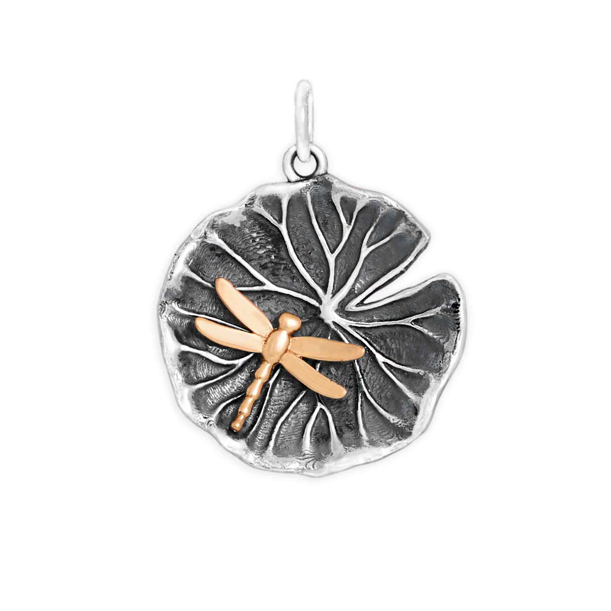 Sterling Silver Lily Pad with Bronze Dragonfly Charm - Poppies Jewelry