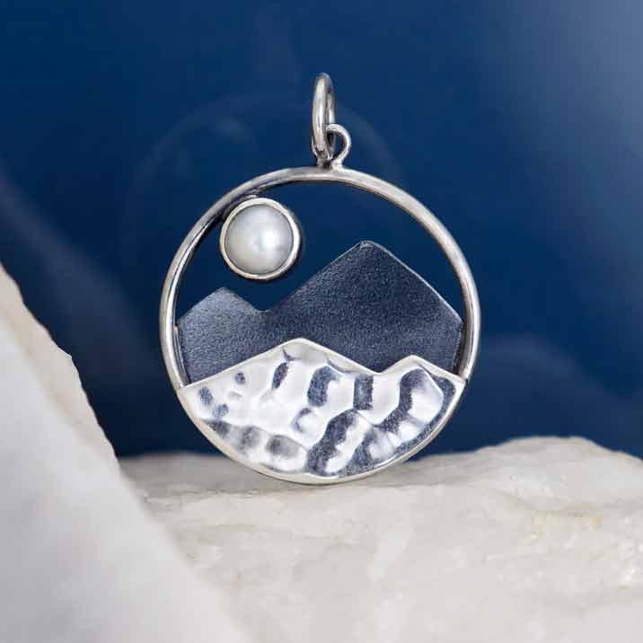 Sterling Silver Mountain Charm with Pearl Moon - Tia Tynette Designs