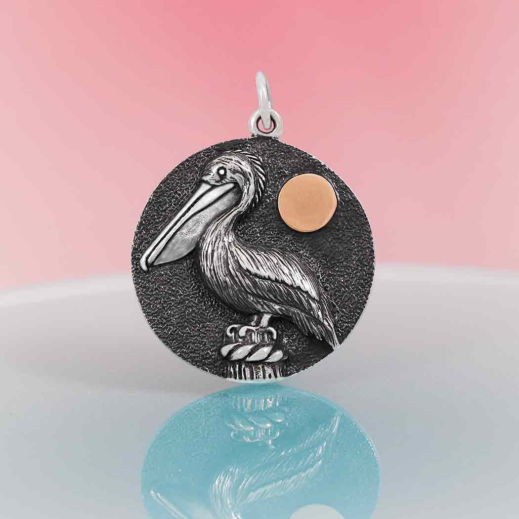 Sterling Silver Pelican Charm with Bronze Sun - Poppies Jewelry