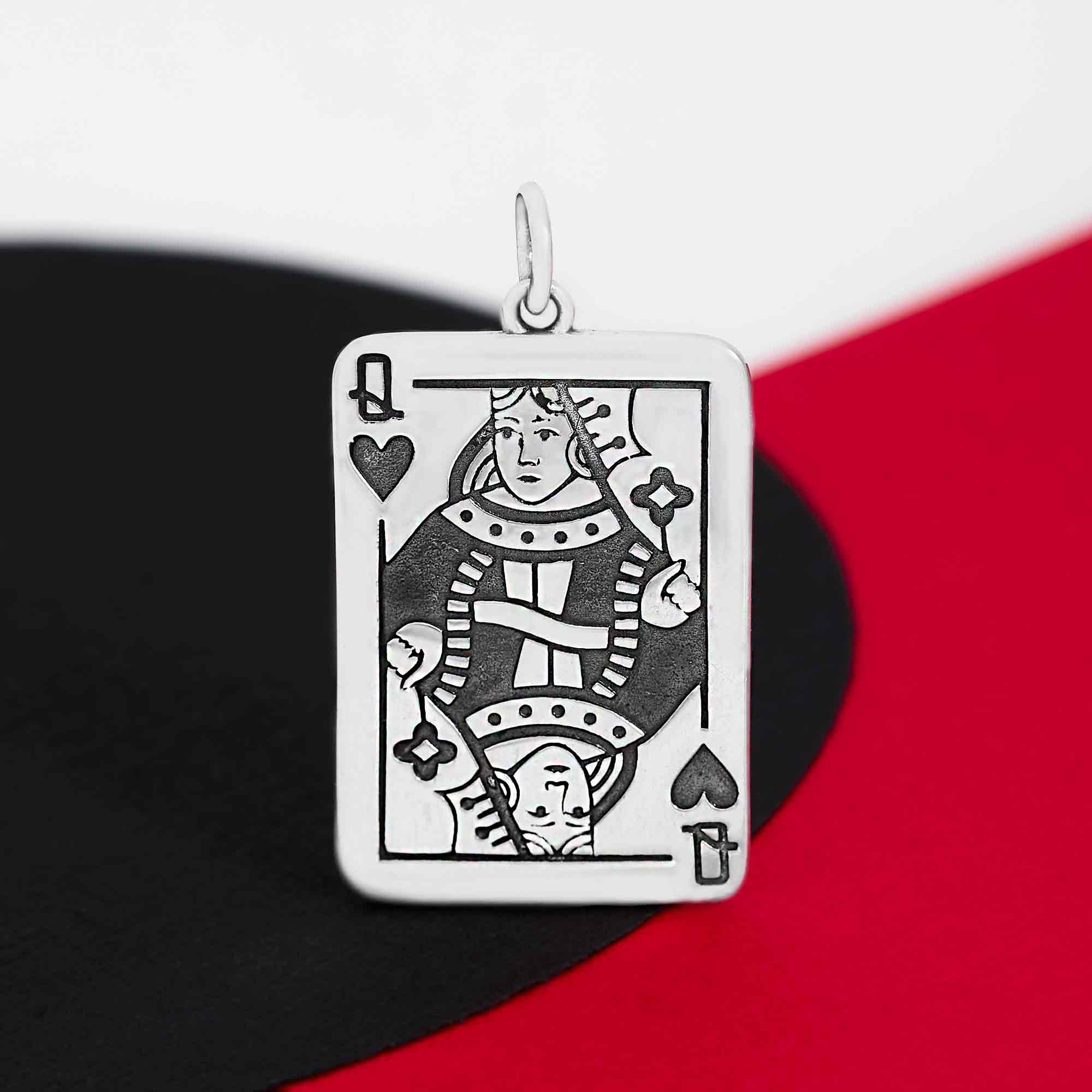 Sterling Silver Queen Playing Card Pendant- Poppies Jewelry