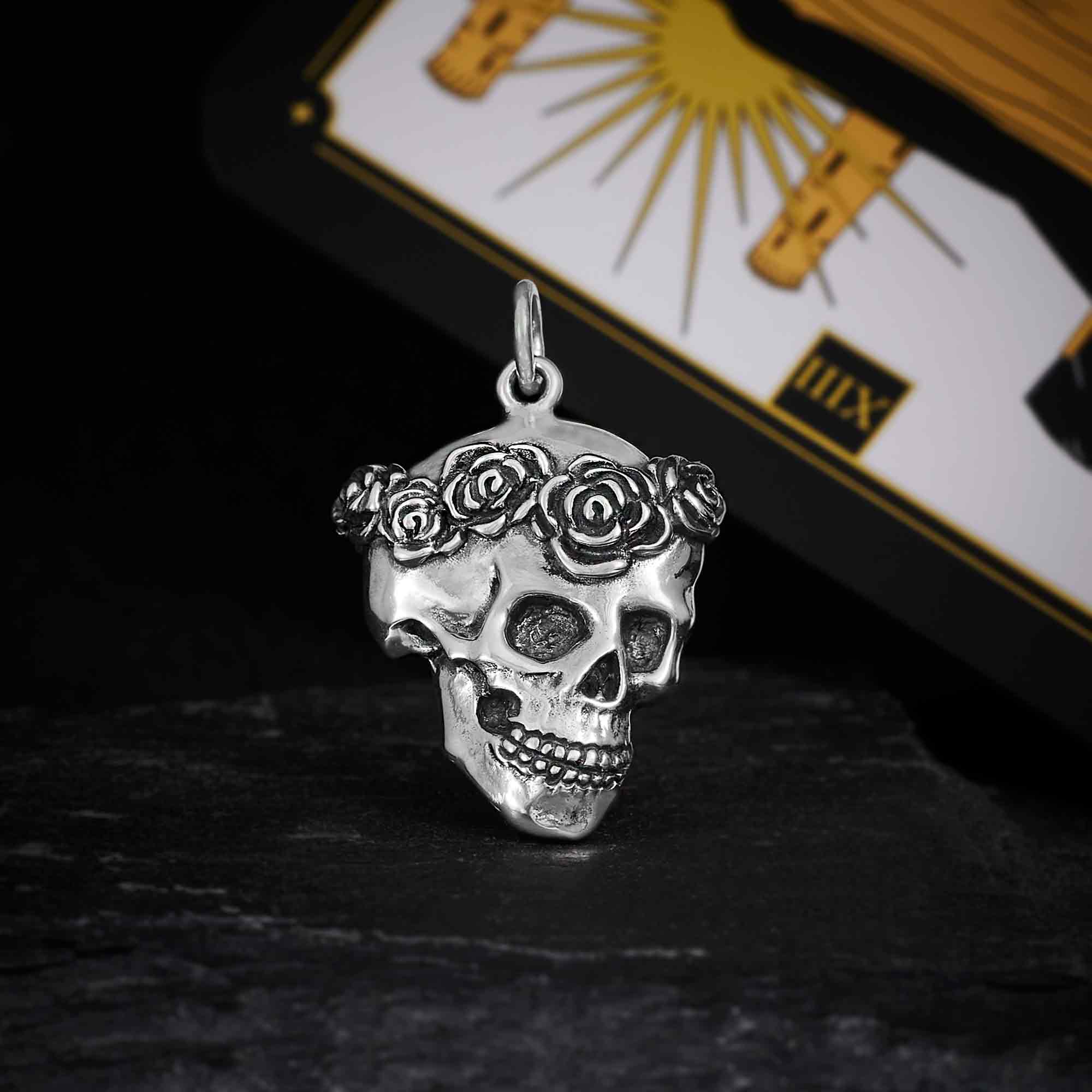 Sterling Silver Skull with Rose Crown Pendant - Poppies Jewelry