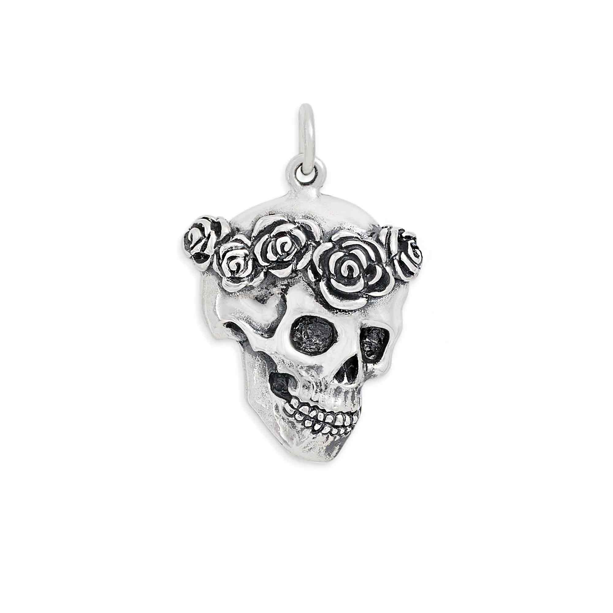 Sterling Silver Skull with Rose Crown Pendant - Poppies Jewelry
