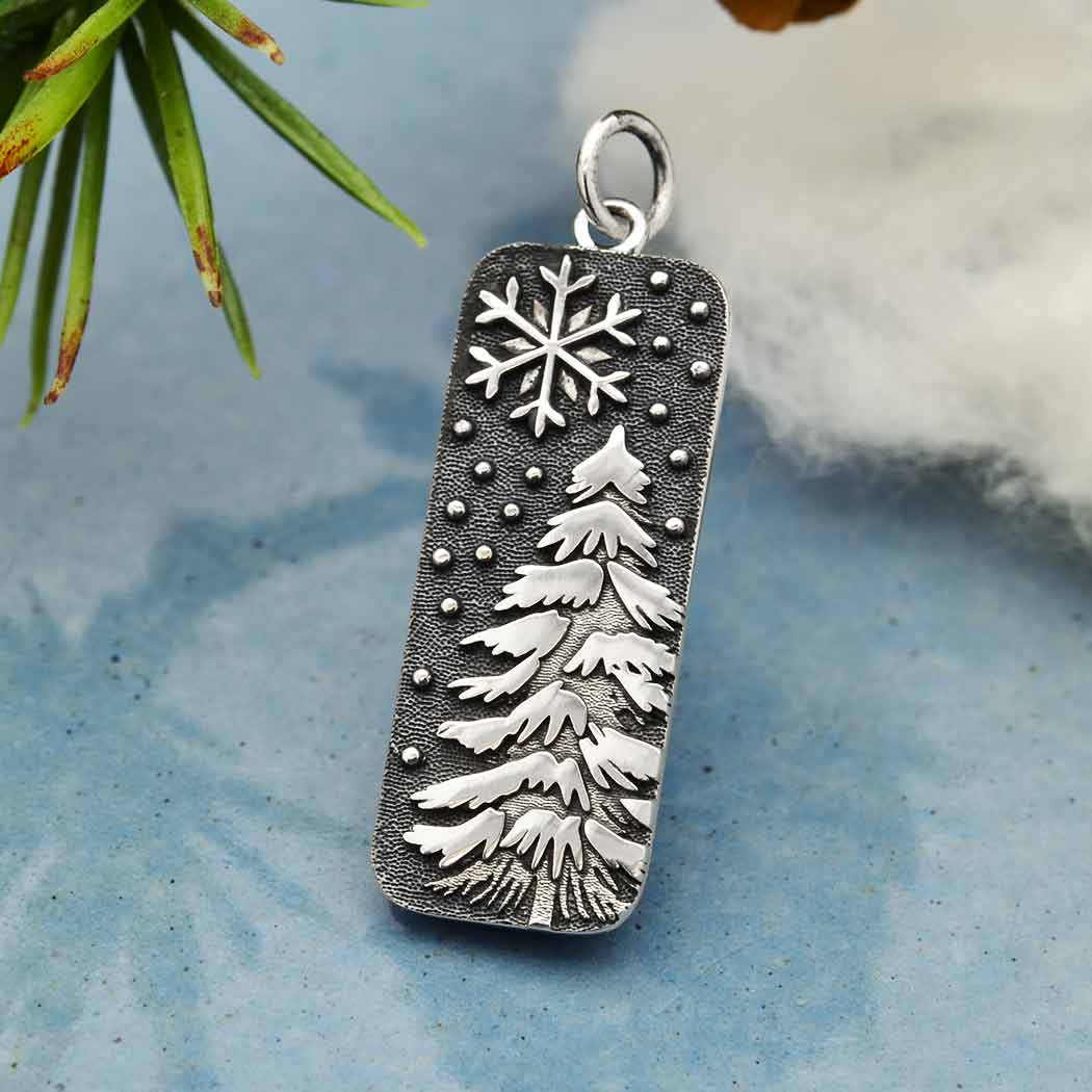 Sterling Silver Snowy Tree and Snowflake Pendant - Poppies Jewelry