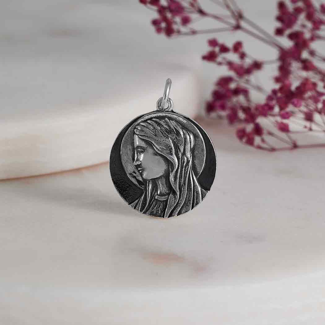 Sterling Silver Virgin Mary Portrait Charm - Poppies Jewelry
