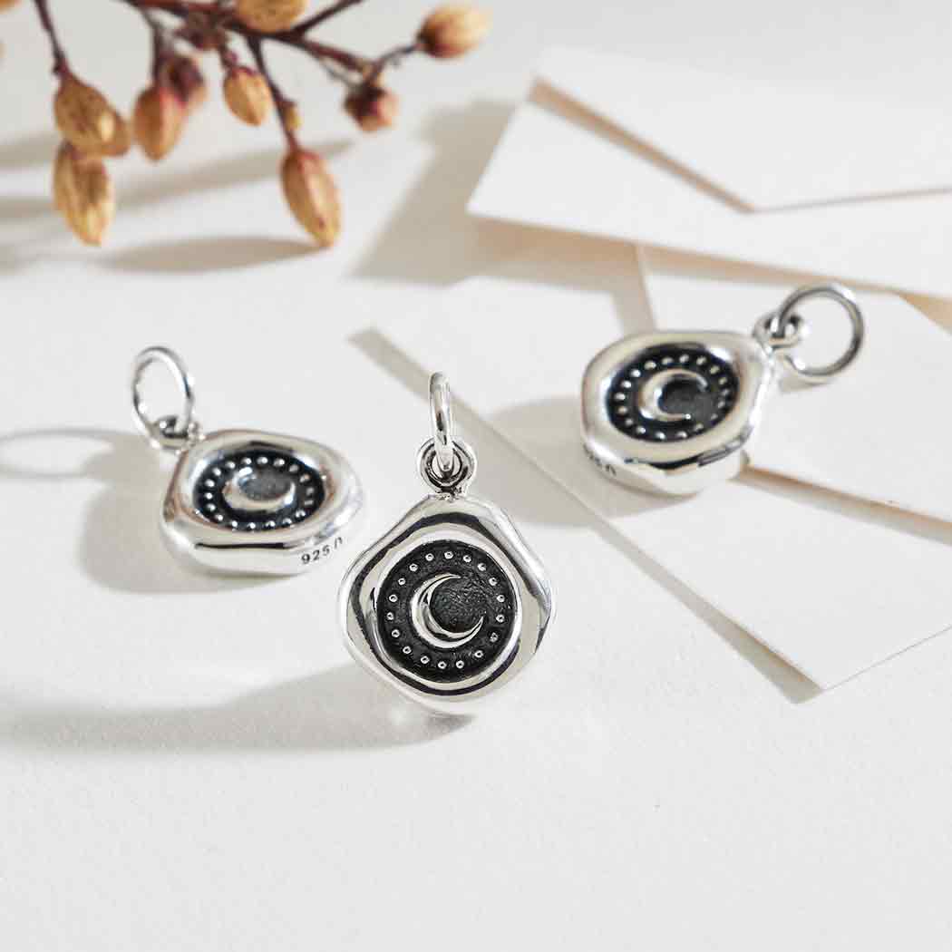 Sterling Silver Wax Seal Crescent Moon Charm - Poppies Beads N' More
