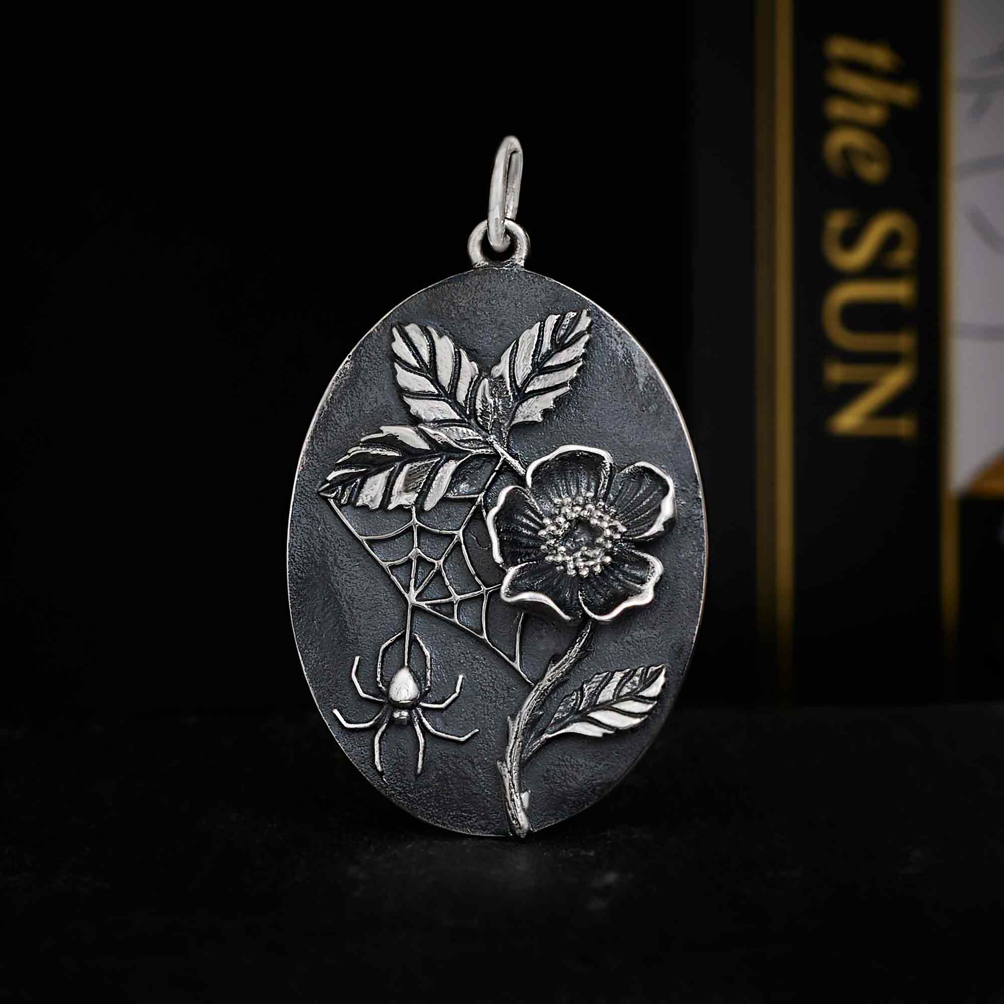 Sterling Silver Wild Rose and Spider Pendant - Poppies Jewelry
