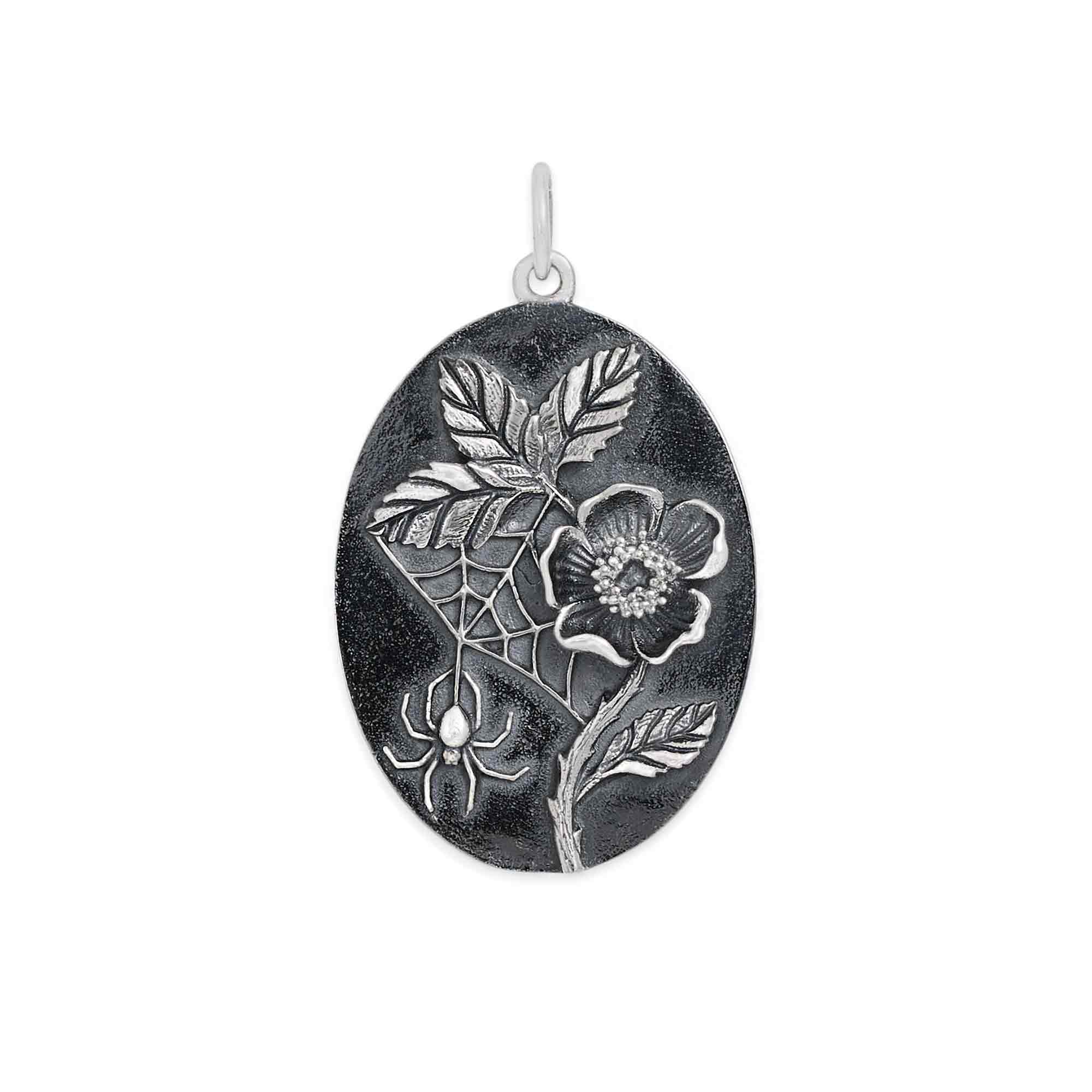 Sterling Silver Wild Rose and Spider Pendant - Poppies Jewelry