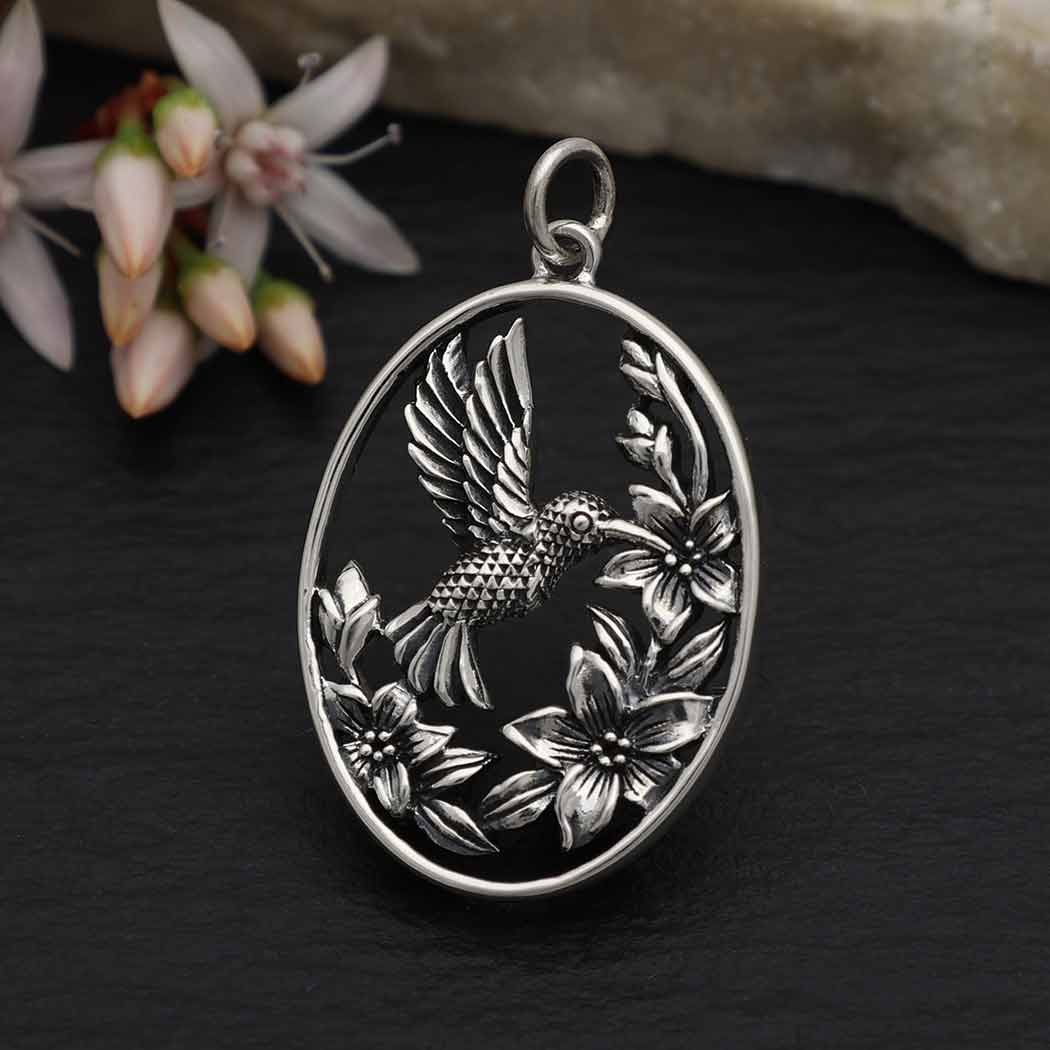 Sterling Silver Flowers and Hummingbird Pendant - Tia Tynette Designs