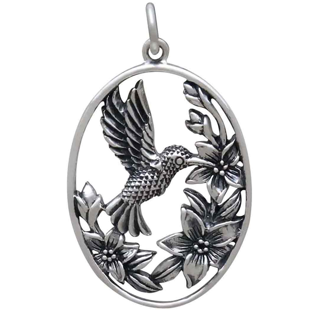 Sterling Silver Flowers and Hummingbird Pendant - Tia Tynette Designs