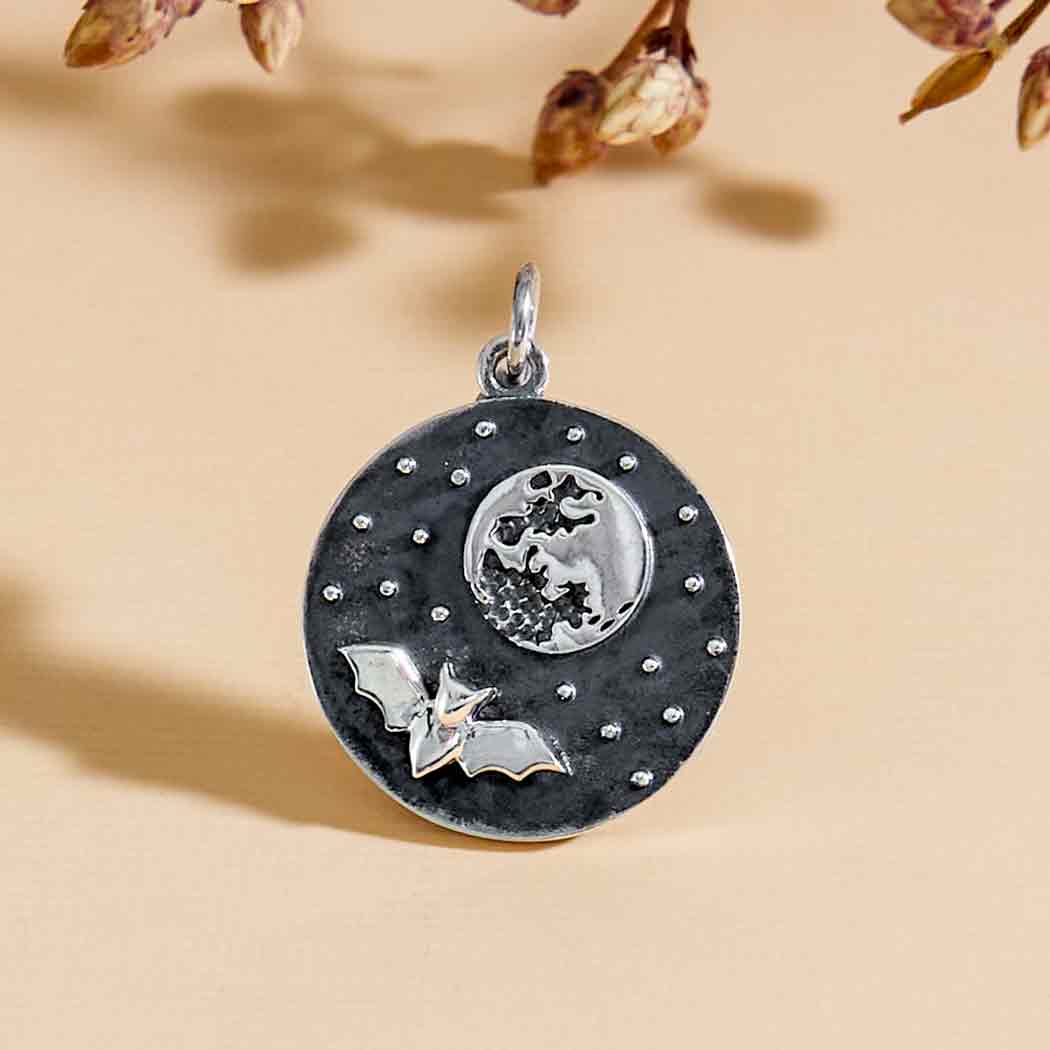 Sterling Silver Full Moon and Bat Charm - Poppies Jewelry