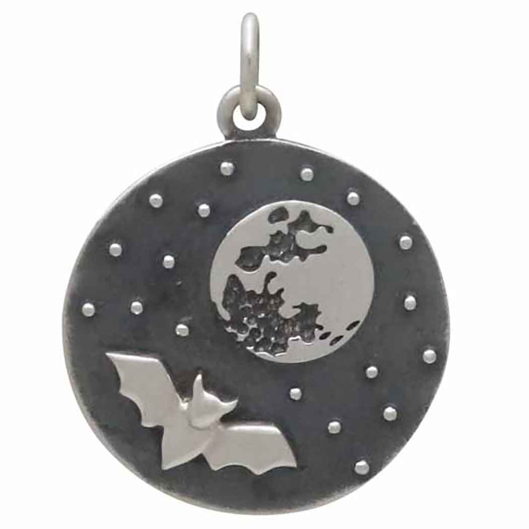 Sterling Silver Full Moon and Bat Charm - Poppies Jewelry