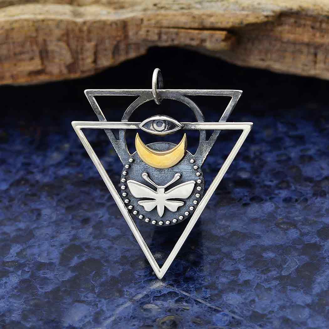 Mixed Metal Triangle Pendant with Moth and Eye - Poppies Beads n' More