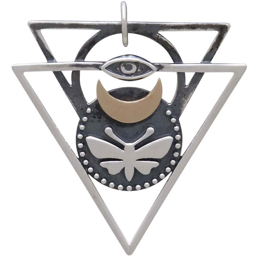 Mixed Metal Triangle Pendant with Moth and Eye - Poppies Beads n' More