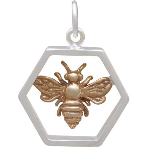 Sterling Silver Hexagon Charm with Bronze Bee - Poppies Beads n' More