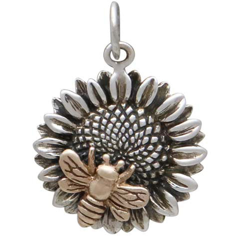 Sterling Silver Sunflower Charm with Bronze Bee - Poppies Beads n' More