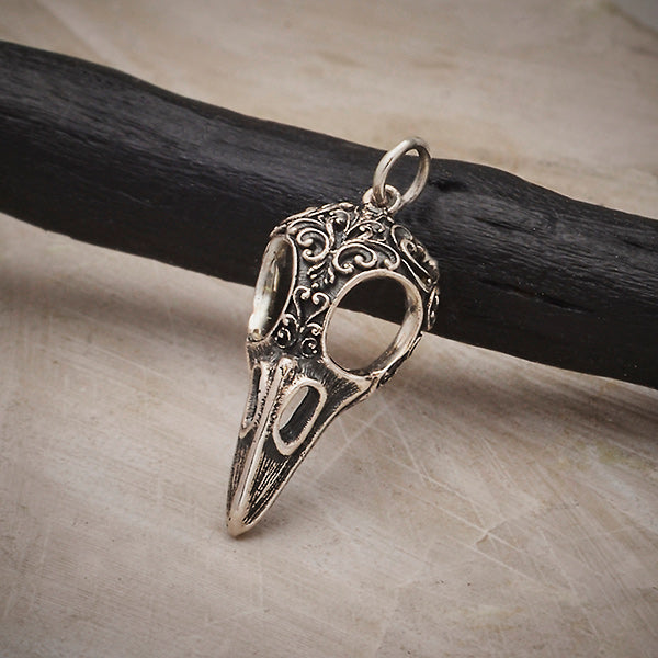 Silver Raven Skull Charm with Scroll Carving - Poppies Beads n' More