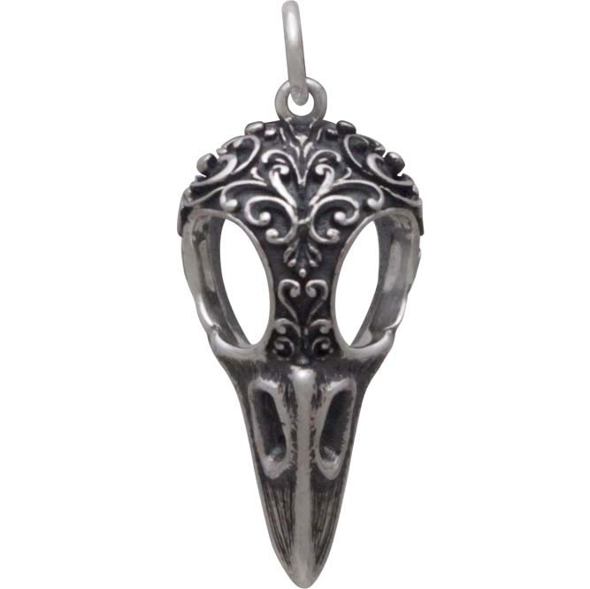 Silver Raven Skull Charm with Scroll Carving - Poppies Beads n' More
