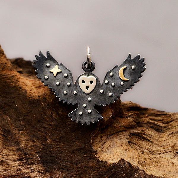 Sterling Silver Owl Charm with Bronze Star and Moon - Poppies Beads n' More