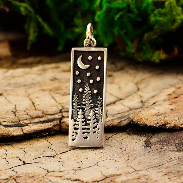 Sterling Silver Rectangle Pine Tree Charm with Moon - Poppies Beads n' More