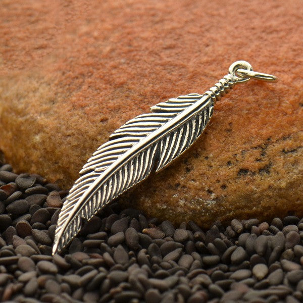 Sterling Silver Textured Feather Charm - Poppies Beads n' More