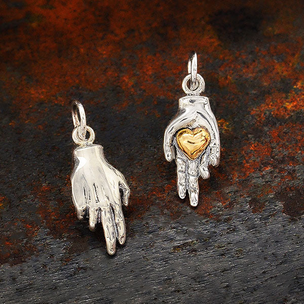 Sterling Silver Charm Hand Holding Bronze Heart - Poppies Beads n' More