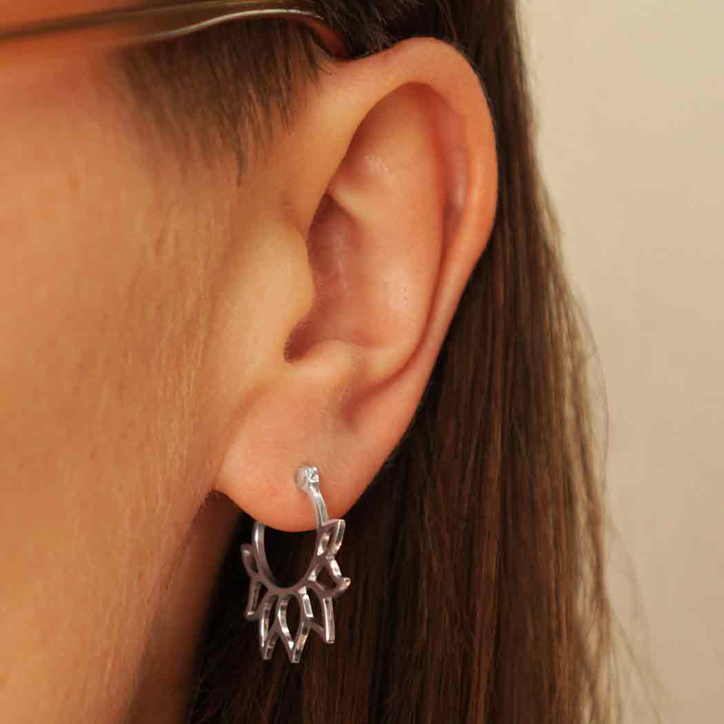 Sterling Silver Hoop Earrings with Lotus Petal Design