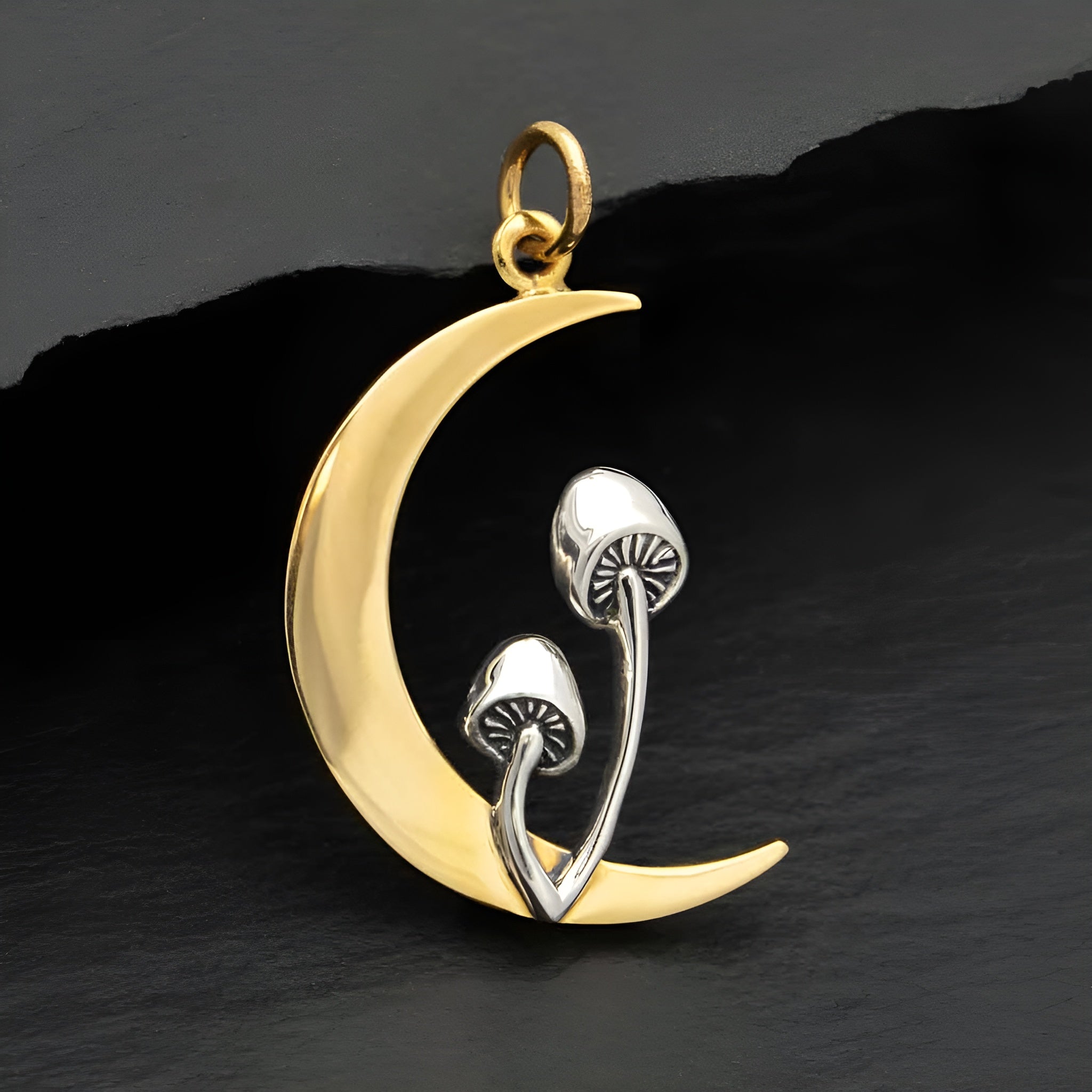 Bronze Moon Charm with Sterling Silver Mushrooms - Tia Tynette Designs