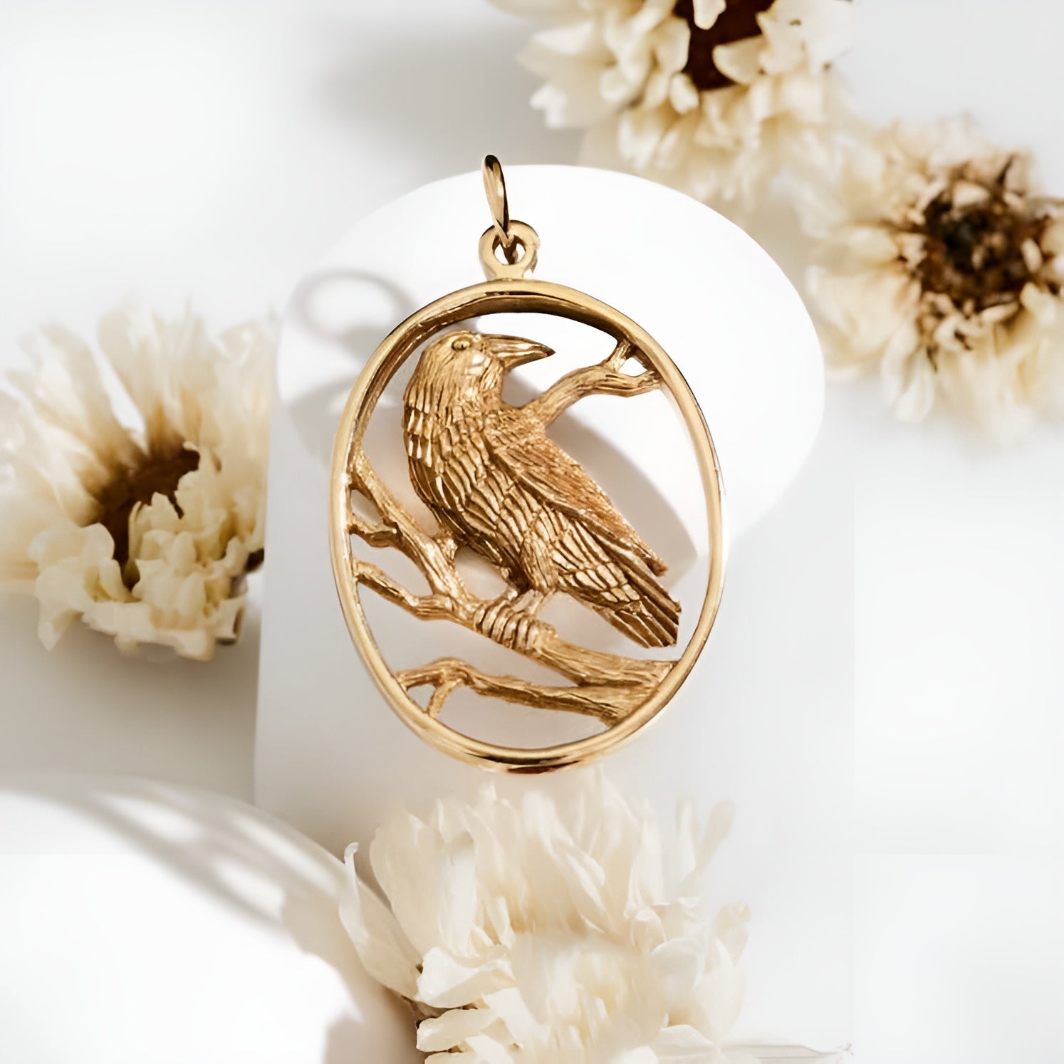 Sterling Silver Raven Pendant in Oval Frame