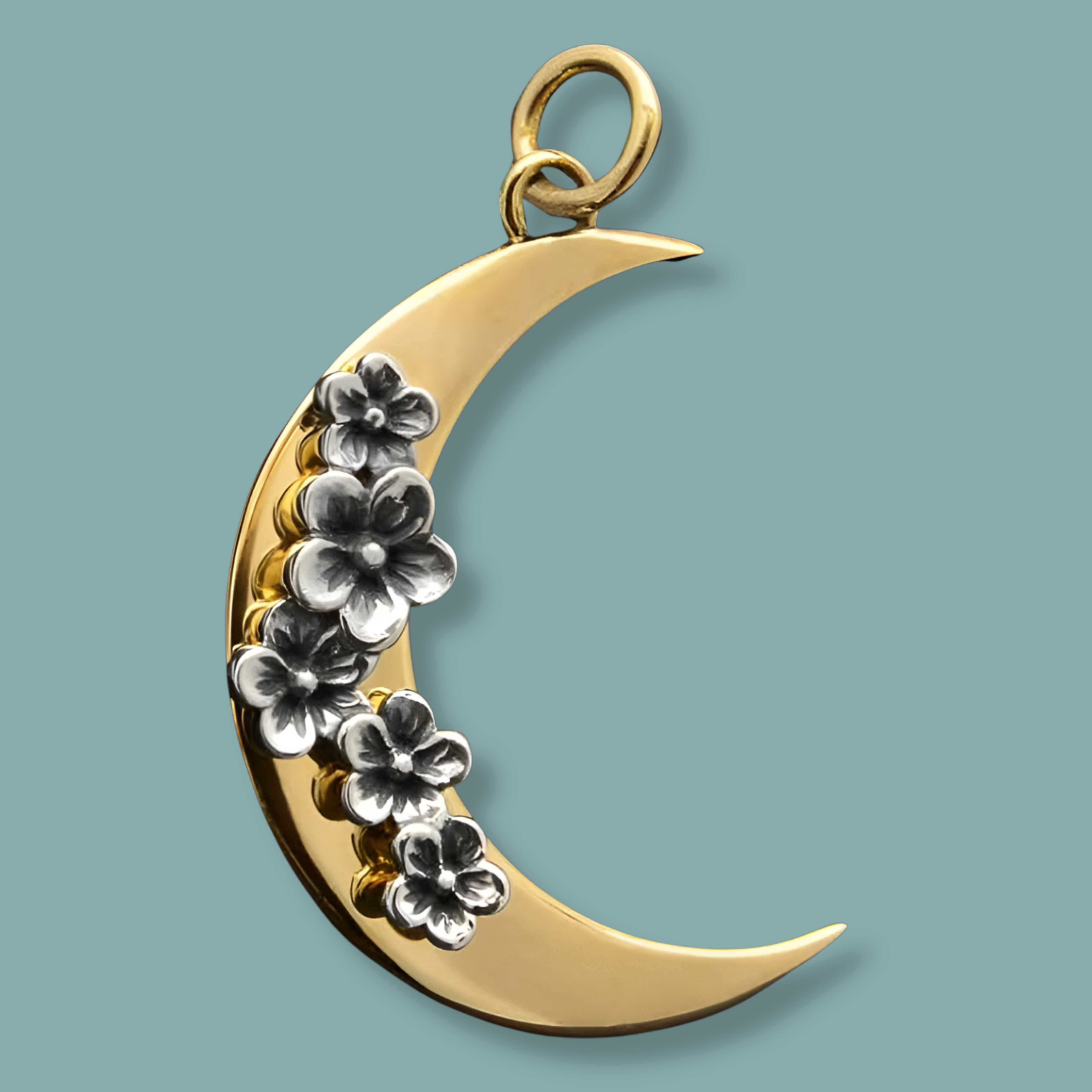 Bronze Moon Charm with Silver Cherry Blossoms