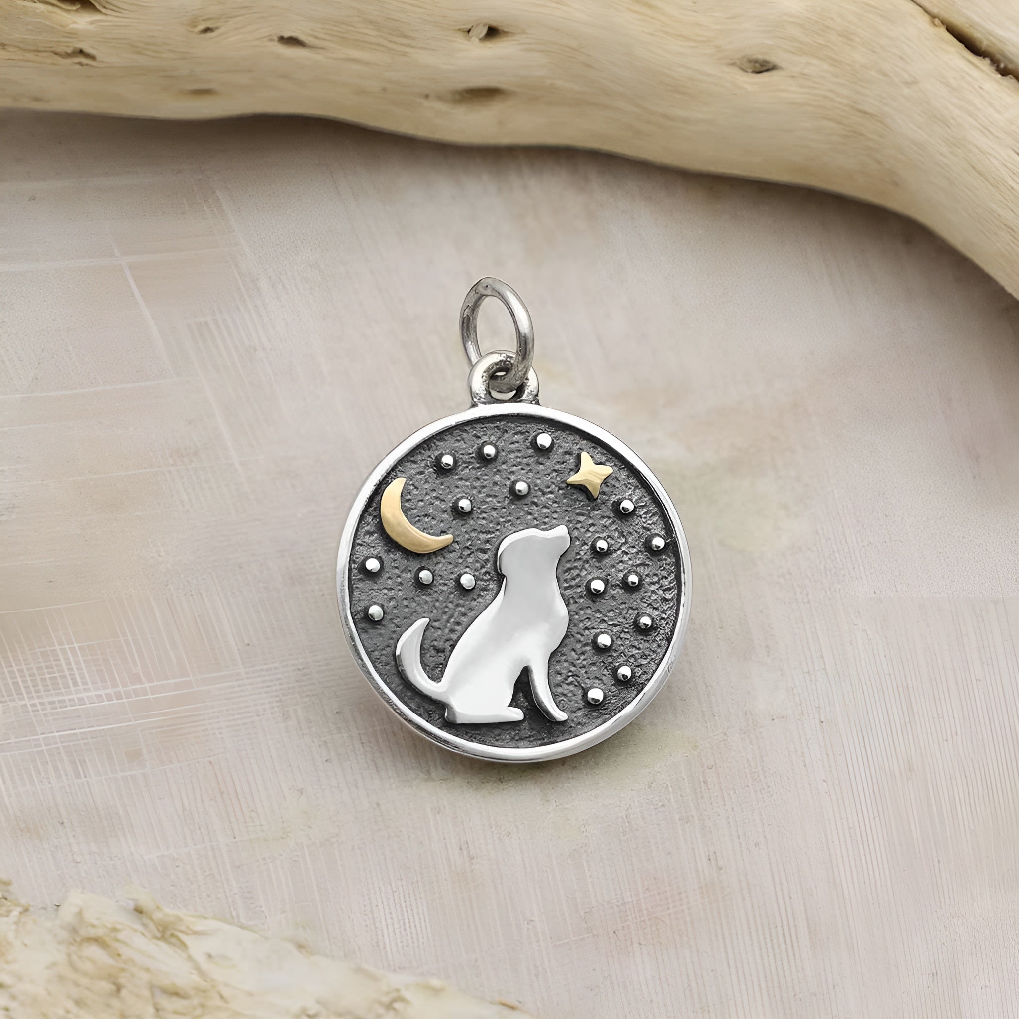 Silver Gazing Dog Charm with Bronze Star and Moon - Tia Tynette Designs