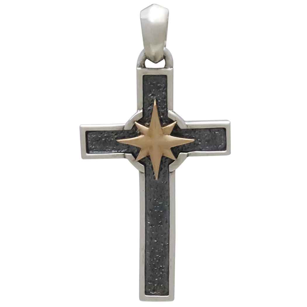 Sterling Silver Cross with Bronze Compass Pendant