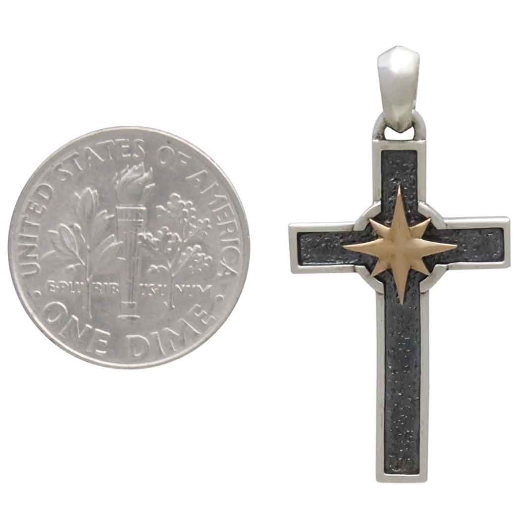 Sterling Silver Cross with Bronze Compass Pendant