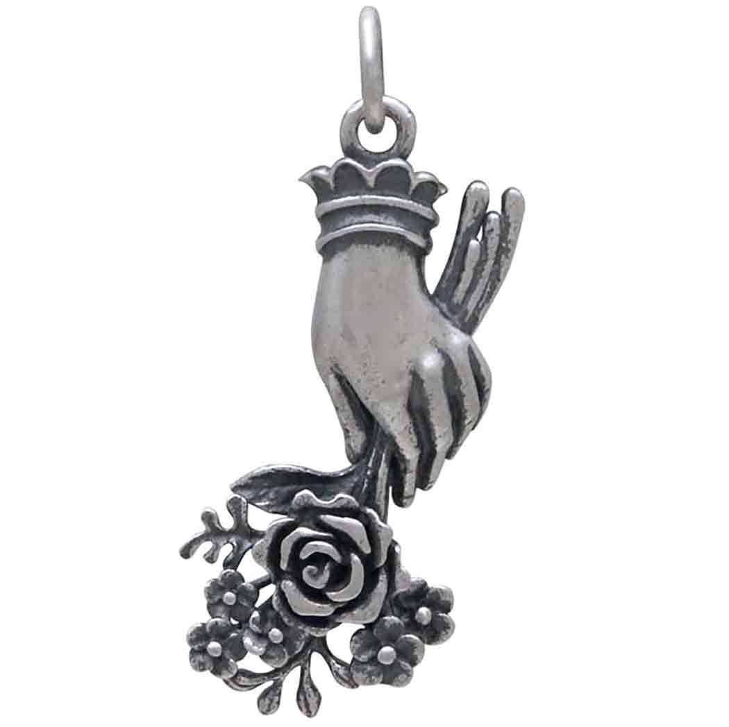 Sterling Silver Hand Charm Holding Flower Bouquet