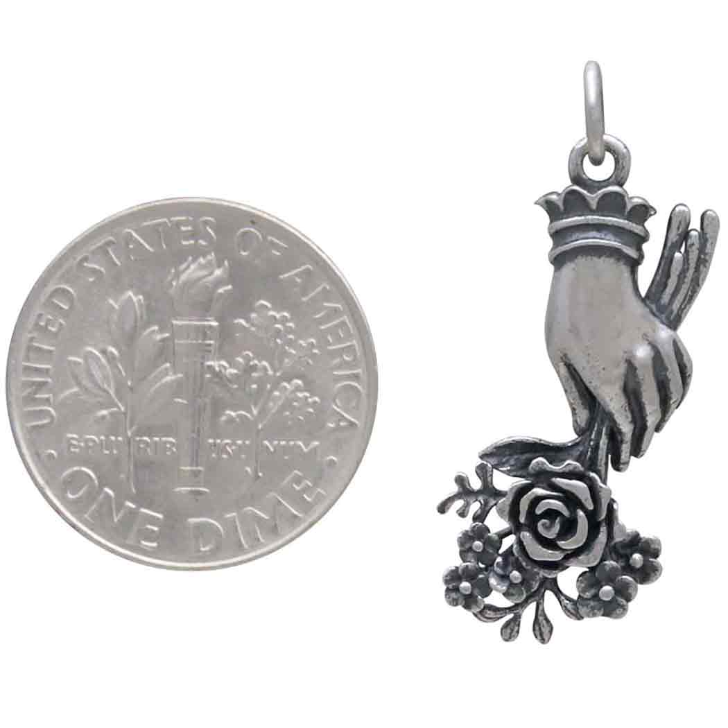 Sterling Silver Hand Charm Holding Flower Bouquet