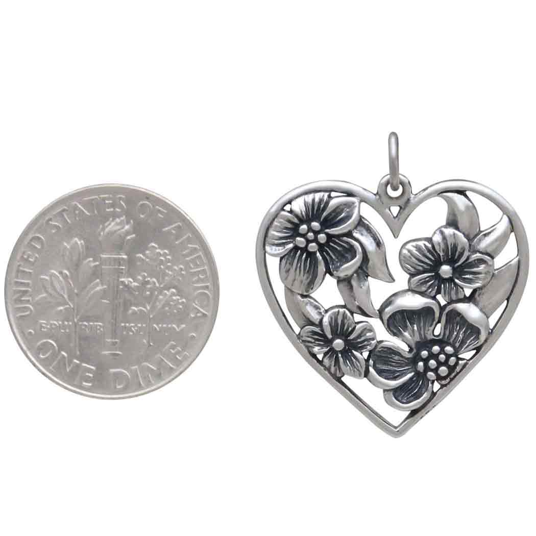 Sterling Silver Heart Pendant with Apple Blossoms