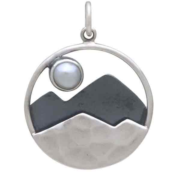 Sterling Silver Mountain Charm with Pearl Moon - Tia Tynette Designs