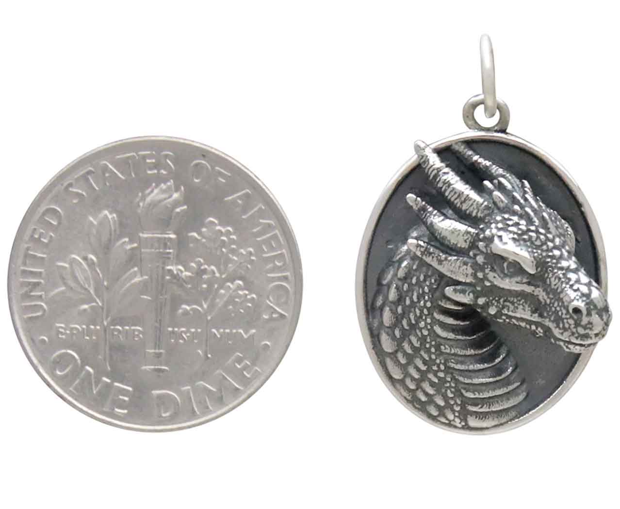 Sterling Silver Oval Dragon Pendant - Poppies Jewelry